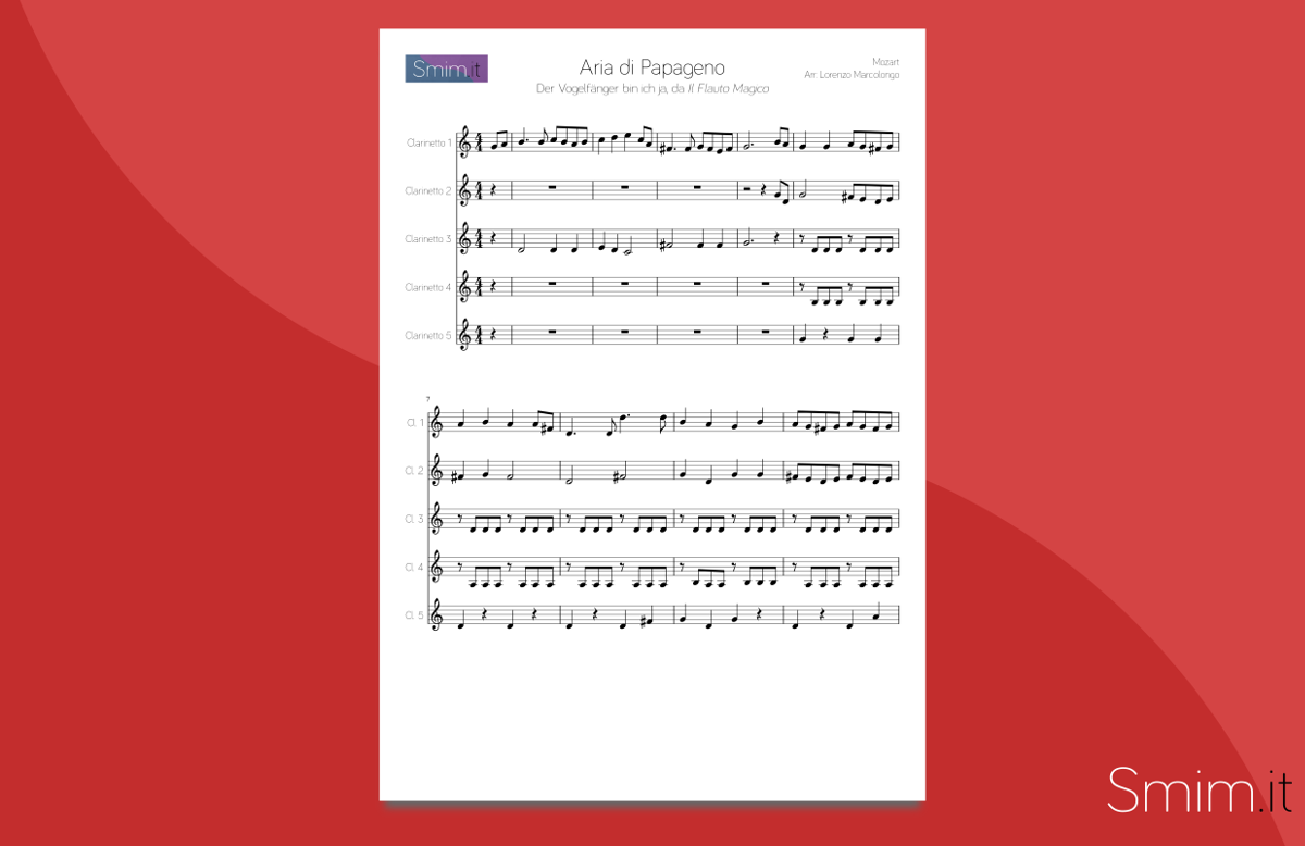 Aria di Papageno - Spartito gratis per Ensemble di Clarinetti