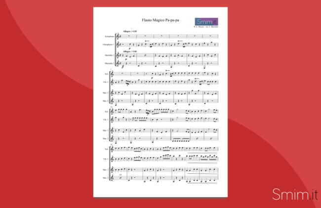 Mozart - Papageno Papagena - spartito gratis per xilofono vibrafono e marimba
