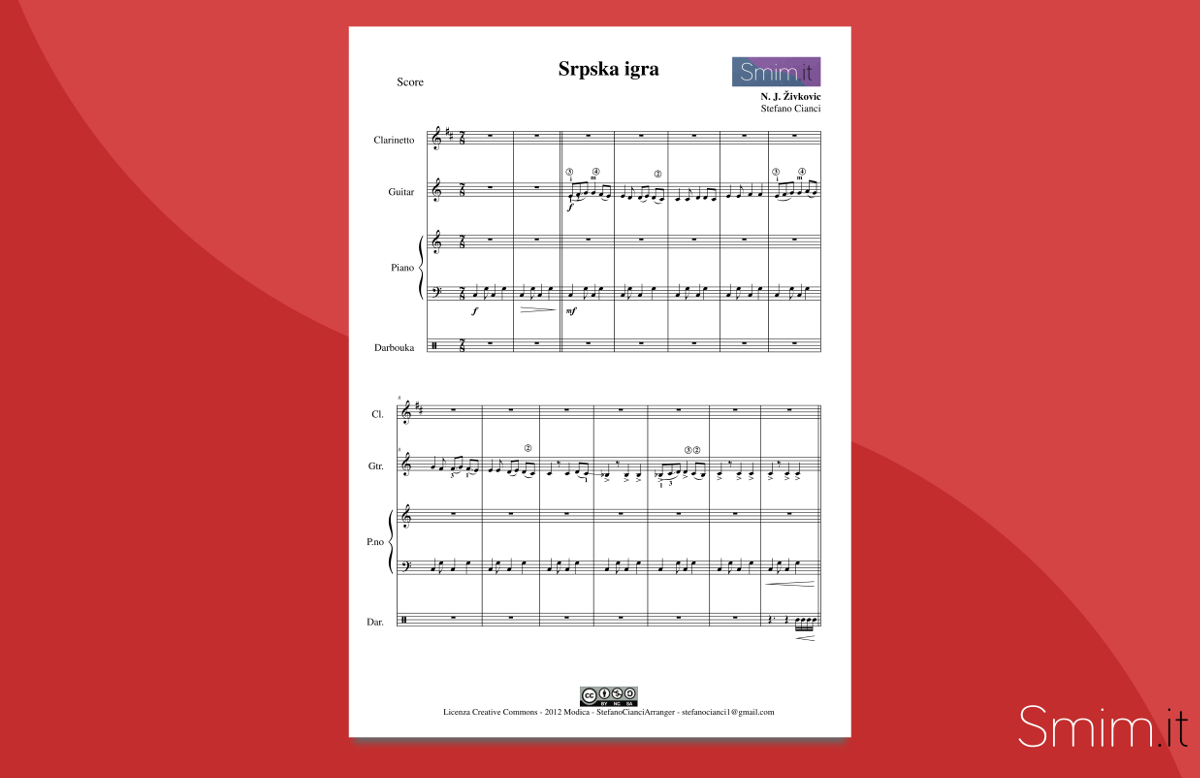 srpska igra (zivkovic) - spartito gratis per darbouka chitarra clarinetto pianoforte