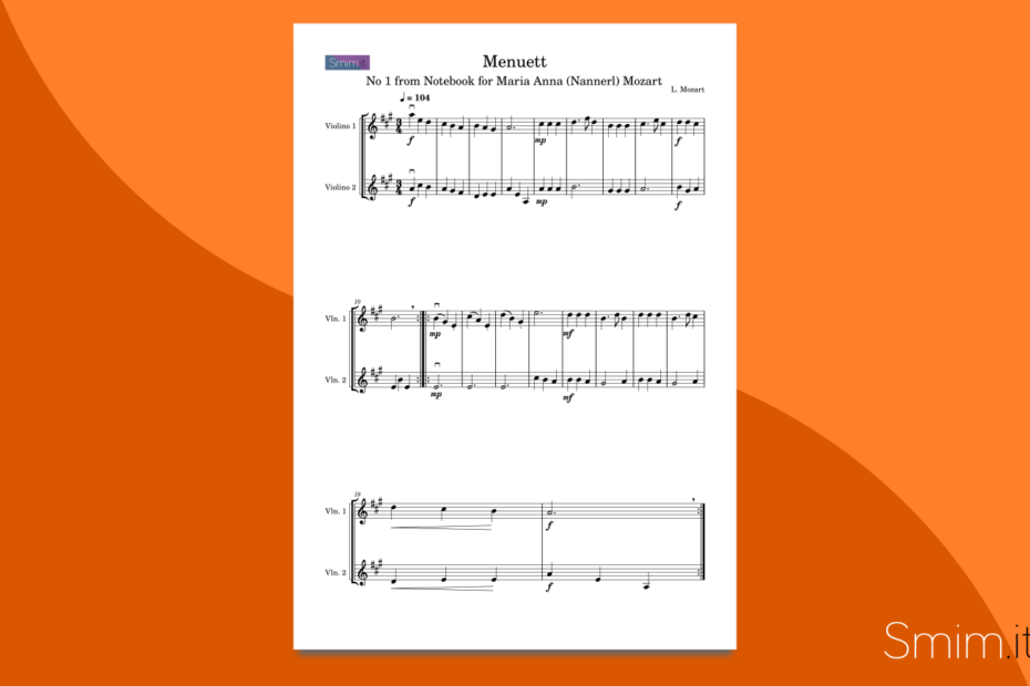 minuetto di mozart: spartito per duetto di violini, arrangiato per allievi di scuola media ad indirizzo musicale smim